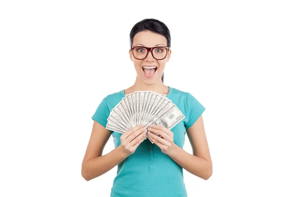 Frau mit Brille hält Dollar in der Hand — Stockfoto