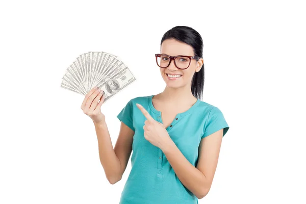 Frau im Besitz von Dollars — Stockfoto