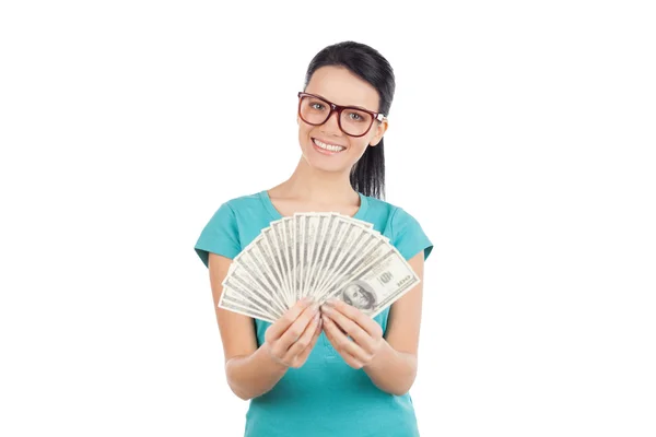 Cheerful woman holding dollars — Stock Photo, Image