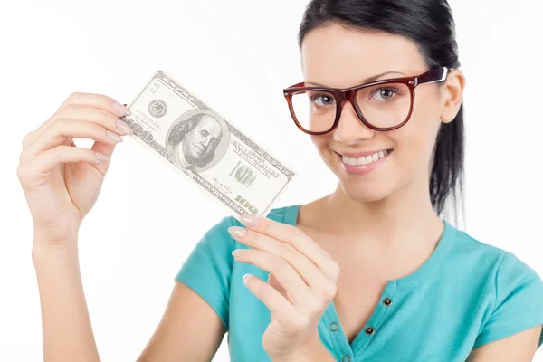 Woman holding one hundred dollar banknote — Stock Photo, Image