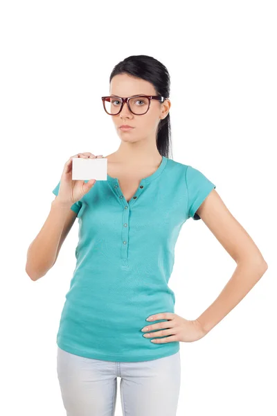 Young woman holding business card — Stock Photo, Image