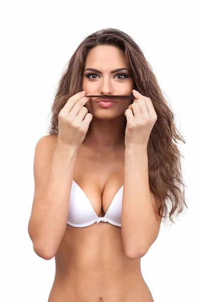 Woman in white bra making a face — Stock Photo, Image