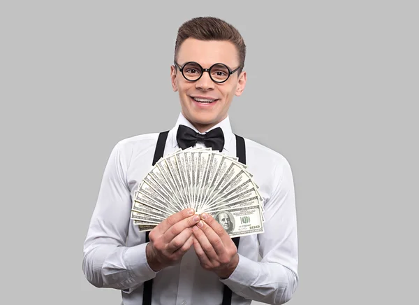 Young nerd man in bow tie and suspenders — Stock Photo, Image