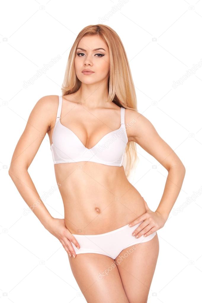 Blond hair woman in white bra and panties