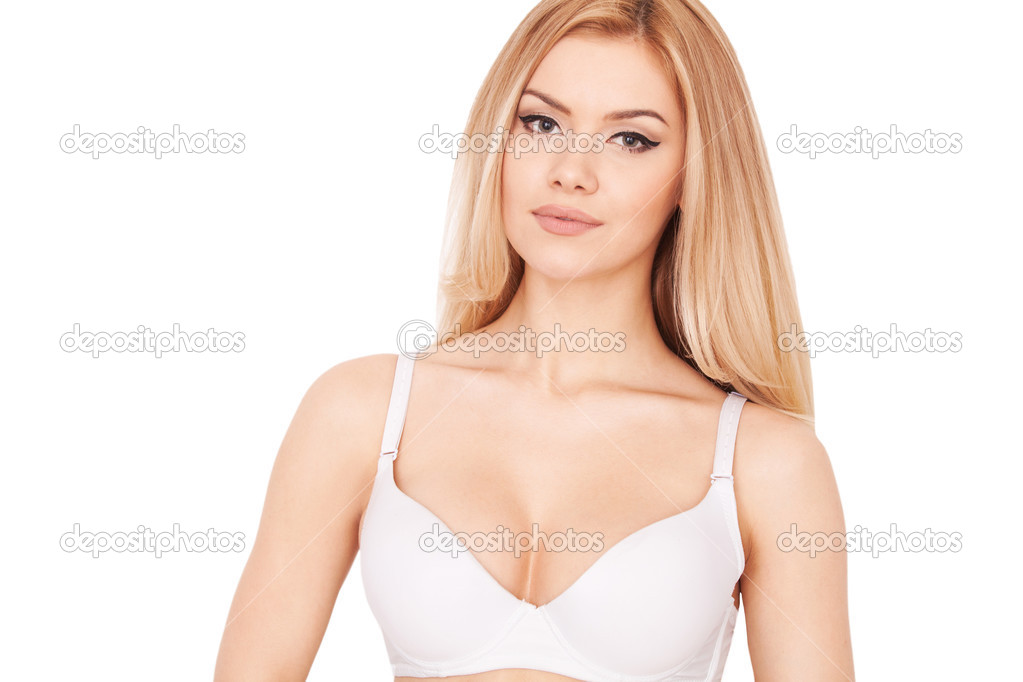 Blond hair woman in white bra