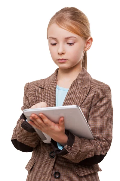 Girl in formalwear working on digital tablet — Stock Photo, Image