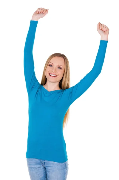 Kobieta utrzymanie ręce podniesione i uśmiechając się — Zdjęcie stockowe