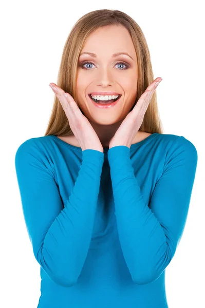 Smiling woman looking at camera and gesturing — Stock Photo, Image