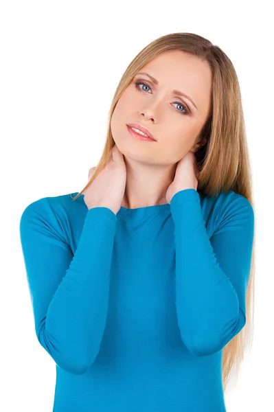 Žena cítit bolest v krku — Stock fotografie