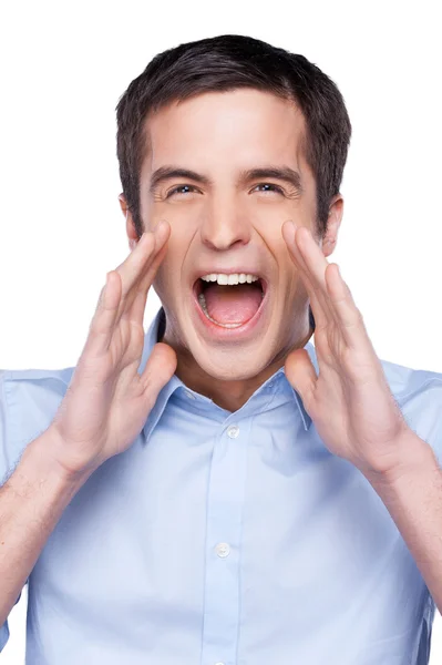 Homem de camisa azul gritando — Fotografia de Stock