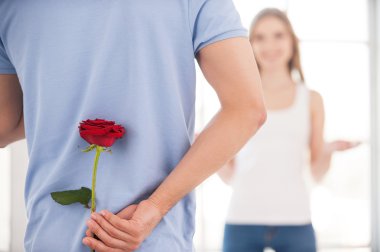 onun arkasından adam tutarak kırmızı gül