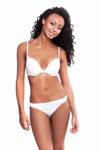 Afro-American woman in white bra and panties — Stock Photo, Image