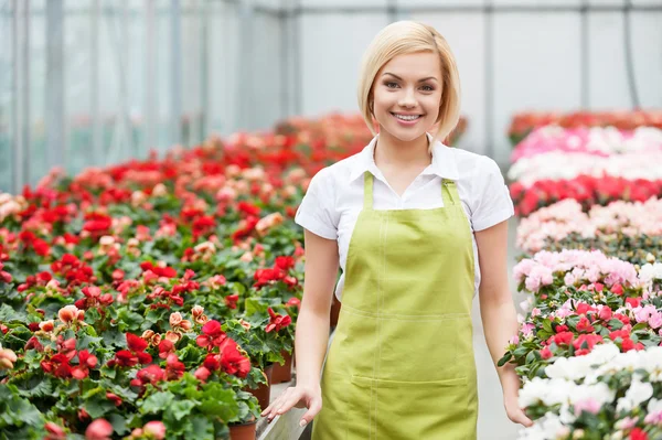 Woman in greenhouse — Stock Photo, Image