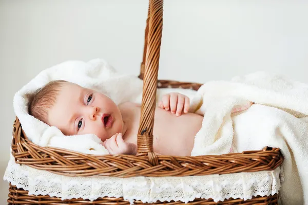 Baby in wicker basket. — Stock Photo, Image