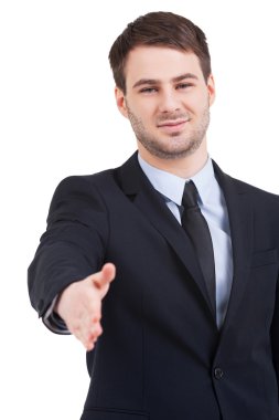 adam el sallayarak için dışarı uzanan formal giyim