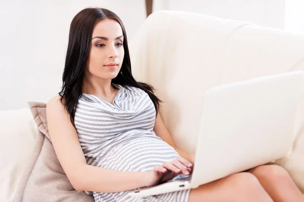 Mulher grávida com laptop. — Fotografia de Stock