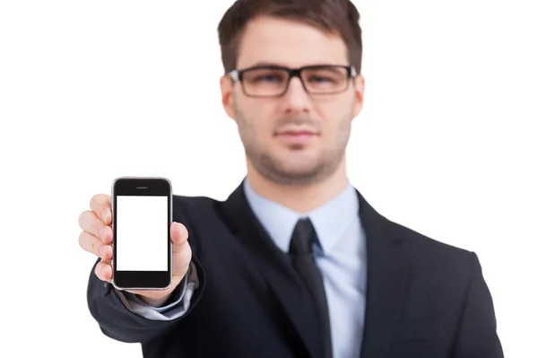 Copy space on his mobile phone. — Stock Photo, Image