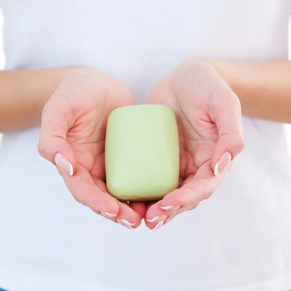 Woman with soap bar. — Stock Photo, Image