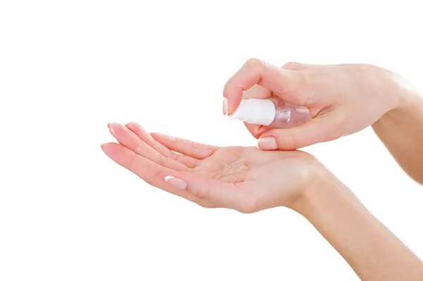 Woman pouring liquid soap to the palm — Stock Photo, Image