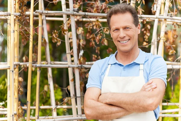 Man in apron keeping arms crossed — Stock Photo, Image