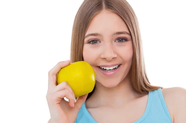 Girl holding apple — Stock Photo, Image