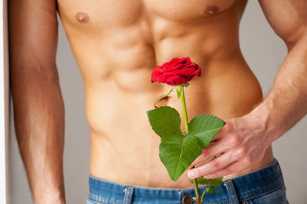 М'язистий чоловік тримає червону троянду — стокове фото