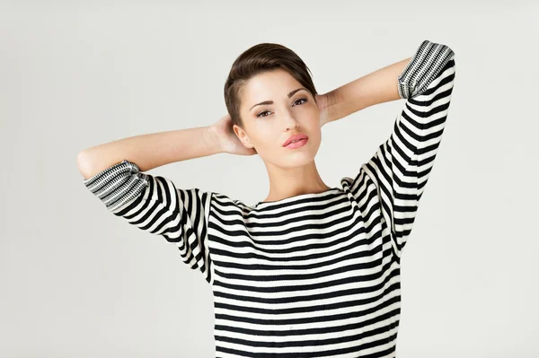 Short hair woman in striped clothing — Stock Photo, Image