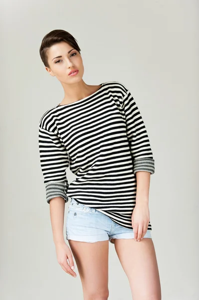 Short hair woman in striped clothing — Stock Photo, Image