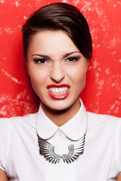 Young short hair woman in white shirt — Stock Photo, Image