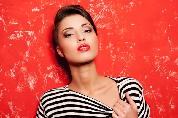 Short hair woman in striped clothing — Stock Photo, Image