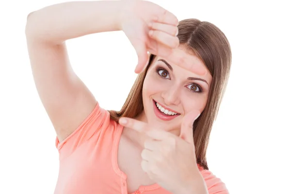 Mujer señalando marco de dedo — Foto de Stock