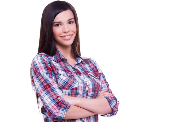 Vrouw gekruiste armen houden — Stockfoto