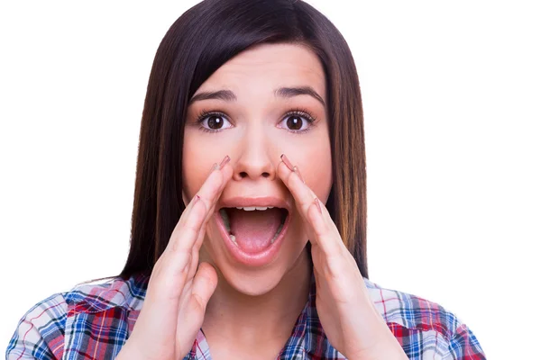 Surprised young woman shouting — Stock Photo, Image