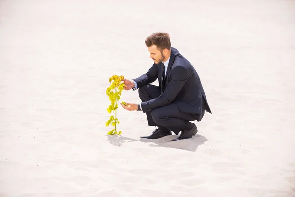 Mannen i formella slitage med växande ut sand — Stockfoto