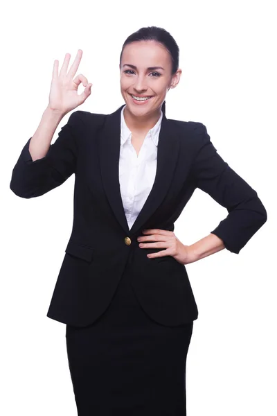 Frau in Formalbekleidung gestikuliert mit Ok-Zeichen — Stockfoto