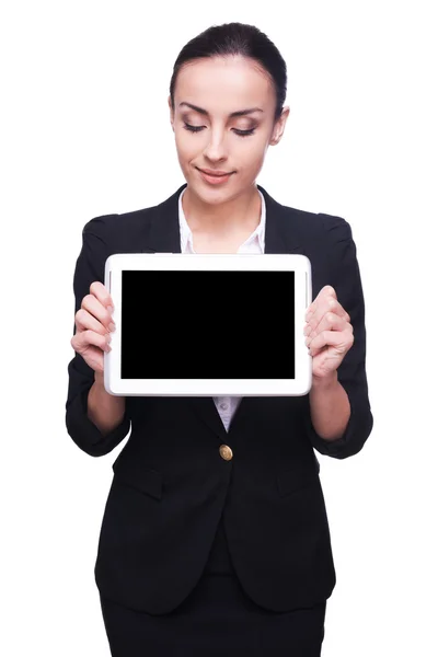 Woman in formalwear holding digital tablet — Stock Photo, Image