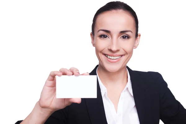 Woman with business card. — Stock Photo, Image