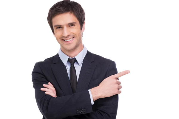Businessman pointing copy space. — Stock Photo, Image