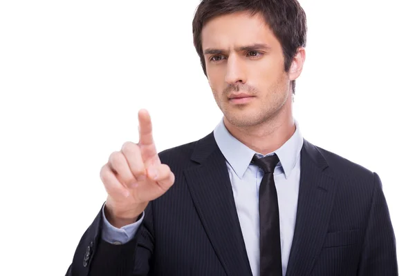 Man working on transparent wipe board. — Stock Photo, Image