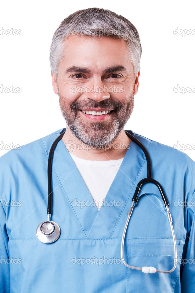 Happy mature surgeon in blue uniform