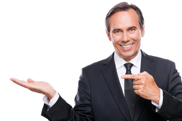 Happy businessman showing copy space — Stock Photo, Image