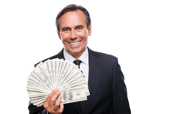 Smiling businessman man holding money — Stock Photo, Image