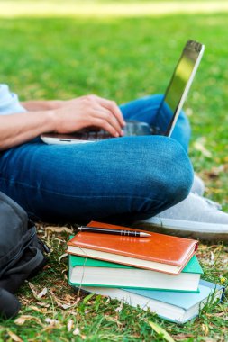 Çimlerin üstünde laptop çalışma öğrenci