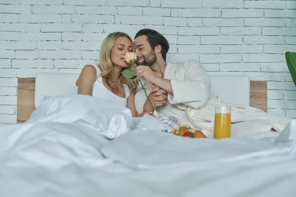 Linda Pareja Amorosa Oliendo Rosa Mientras Desayuna Cama — Foto de Stock