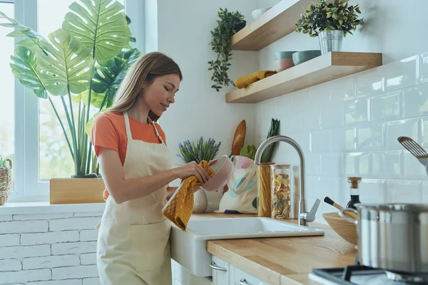 Genç ve güzel bir kadın evcil mutfakta bulaşıkları yıkıyor.