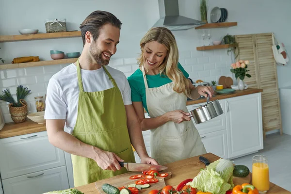 Beautiful Young Couple Cooking Together Domestic Kitchen — Stock Photo, Image
