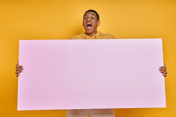 Excited Mixed Race Man Carrying Blank Banner While Standing Yellow — Stock Photo, Image