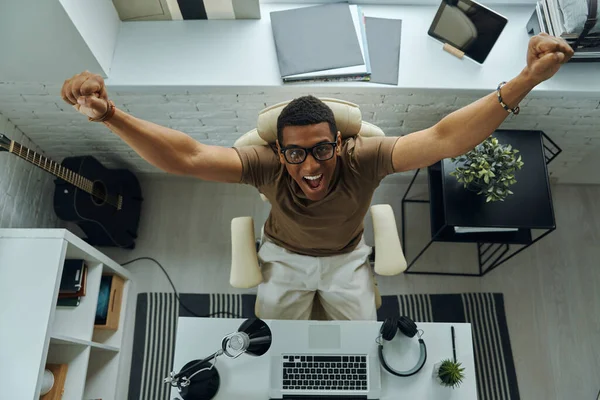 Top View Happy Mixed Race Man Keeping Arms Raised While — Stock Photo, Image