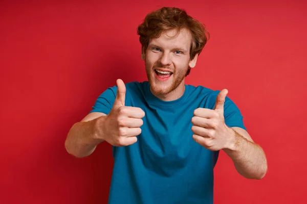 Handsome Redhead Man Showing Thumbs Smiling While Standing Red Background — Stock Photo, Image