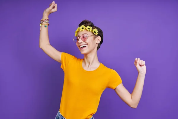 Cheerful Young Woman Floral Head Wreath Gesturing While Standing Purple — Stock Photo, Image
